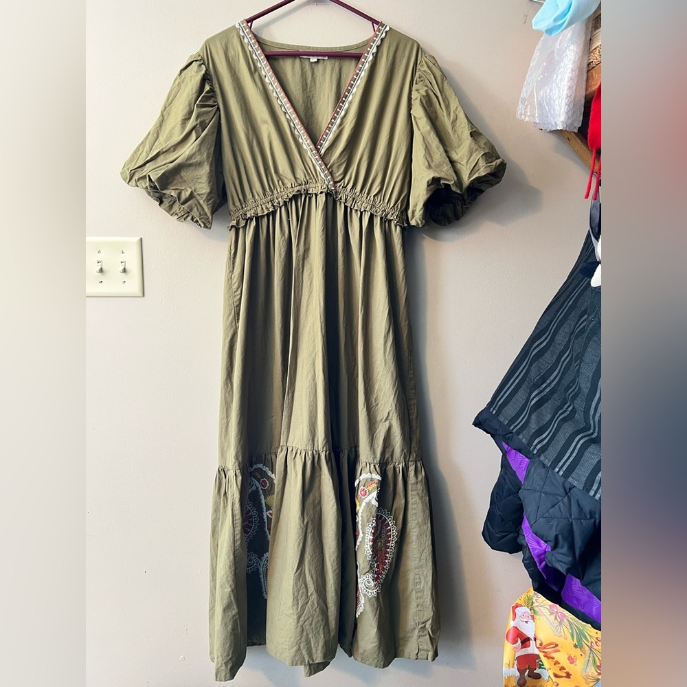 Olive Green Maxi Dress with Puff Sleeves